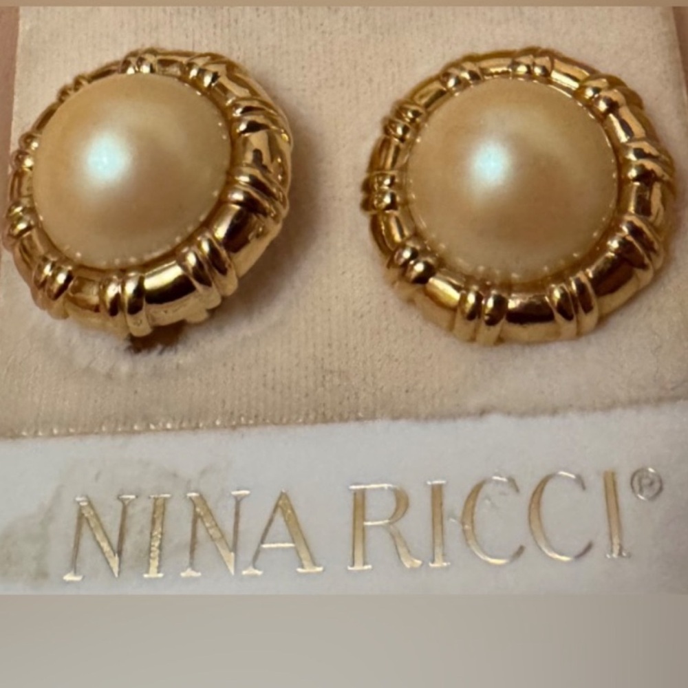 Nina Ricci Gold and Ivory Clip On Earrings NWOT